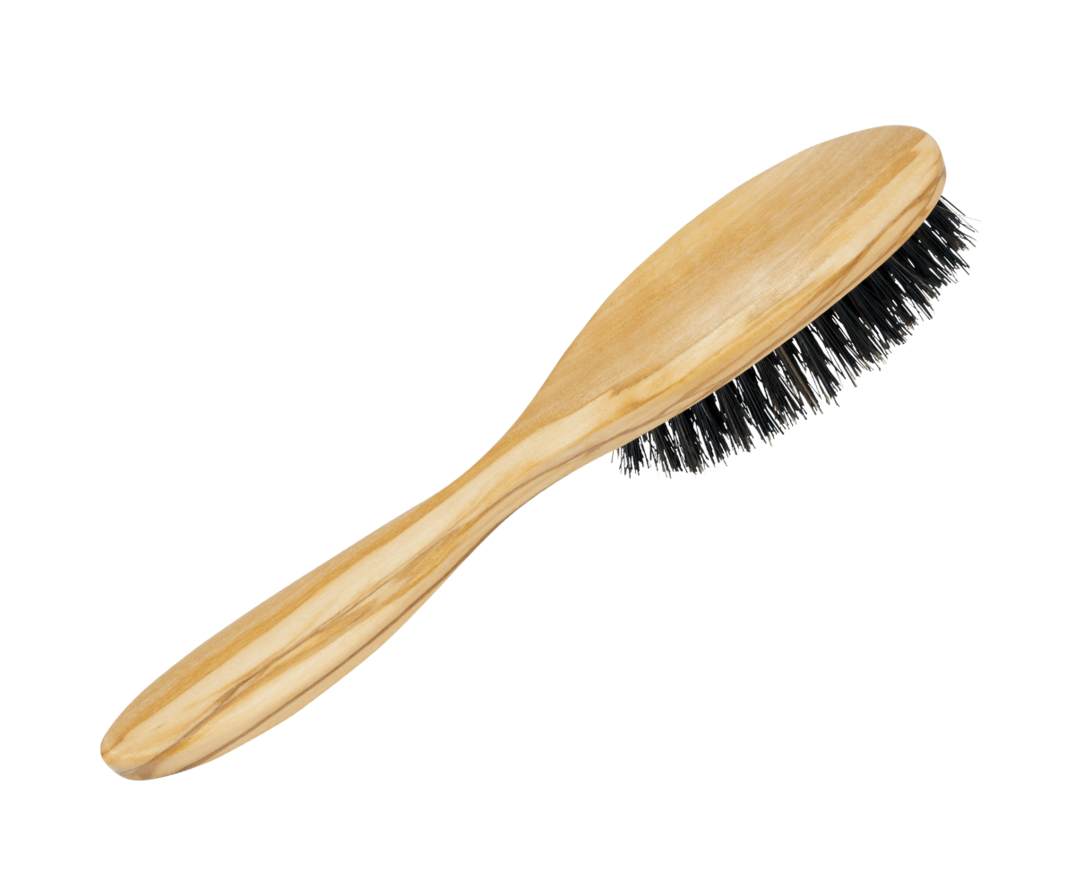 Haarbürste, kräftige 100% reine Wildschweinborste, 6 reihig oval, Olivenholz, Naturhaarbürste