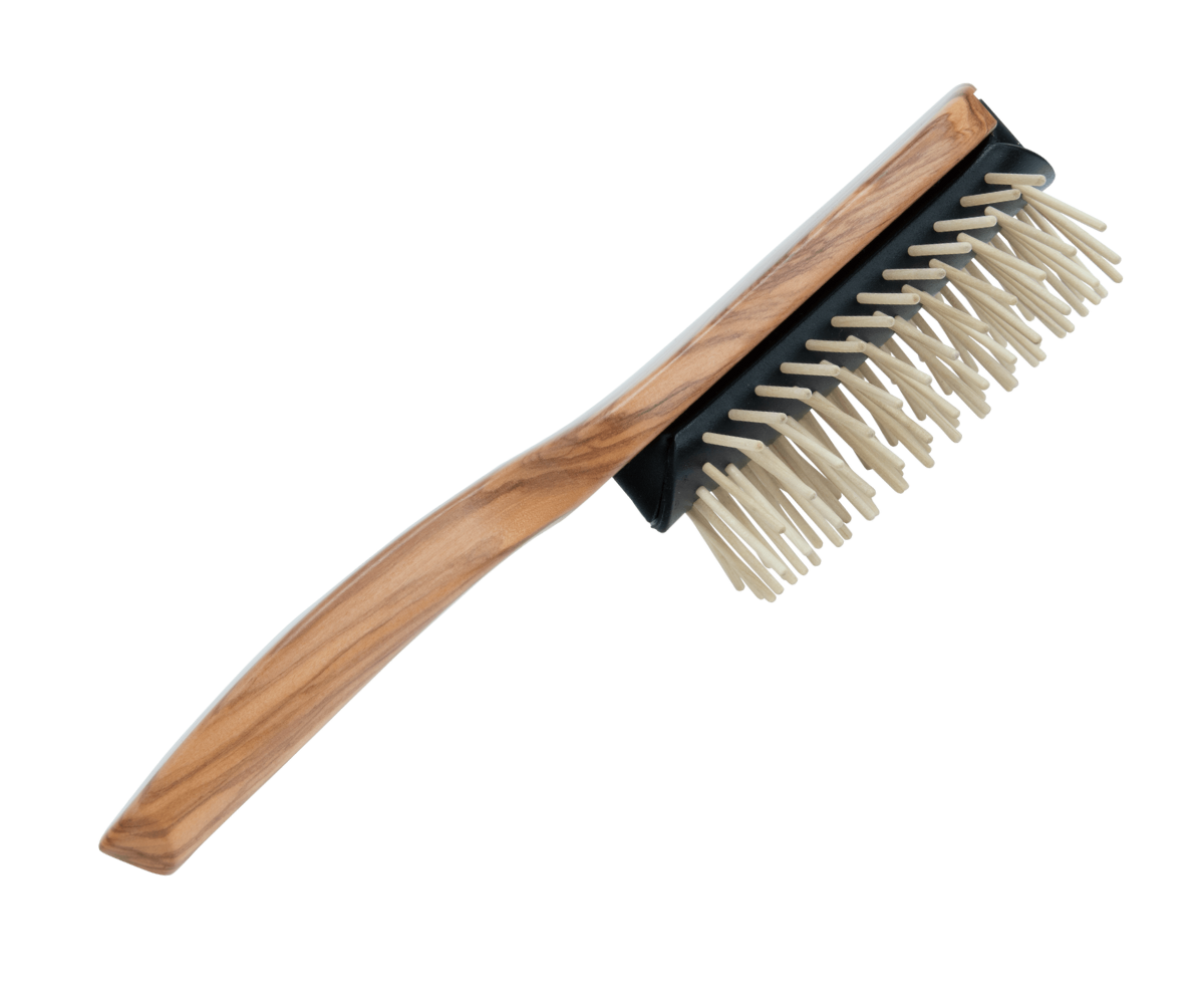 Haarbürste aus Olivenholz mit Holzstiften aus Ahorn, halbrund Form, 21,5 cm lang und 6cm breit, Holzbürste für jedes Haar