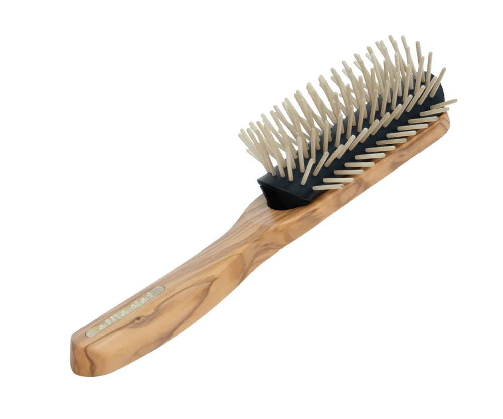 Haarbürste aus Olivenholz mit Holzstiften aus Ahorn, halbrund Form, 21,5 cm lang und 6cm breit, Holzbürste für jedes Haar