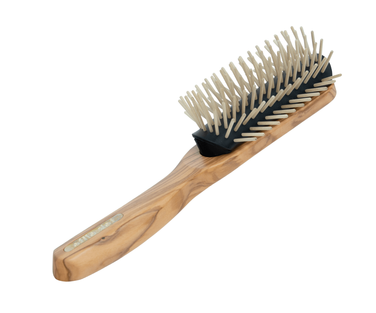 Haarbürste aus Olivenholz mit Holzstiften aus Ahorn, halbrund Form, 21,5 cm lang und 6cm breit, Holzbürste für jedes Haar