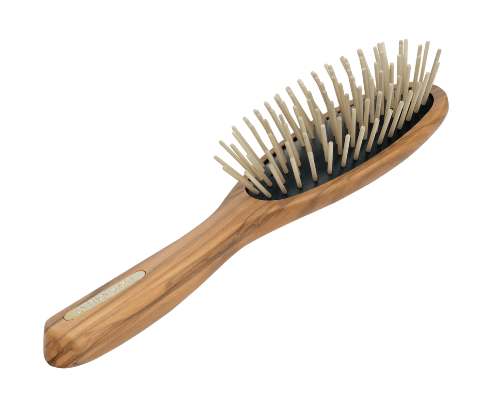 Haarbürste aus Olivenholz mit Holzstiften aus Ahorn, ovale Form, 22 cm lang und 6,5cm breit, Holzbürste für jedes Haar