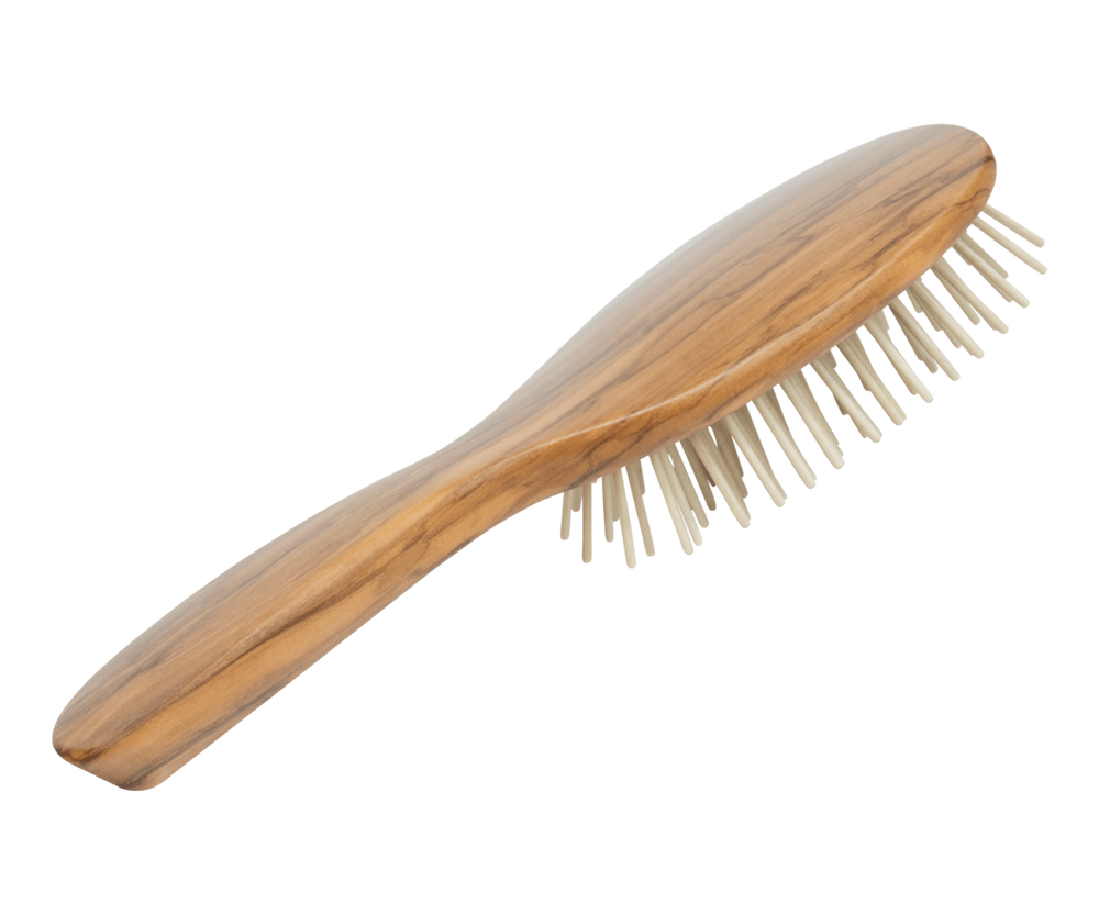 
                  
                    Haarbürste aus Olivenholz mit Holzstiften aus Ahorn, ovale Form, 22 cm lang und 6,5cm breit, Holzbürste für jedes Haar
                  
                